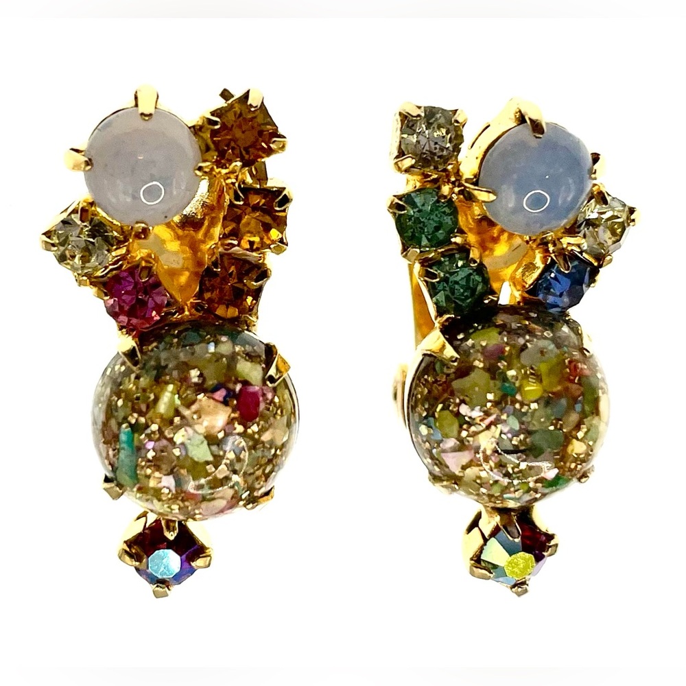 Unique Vintage Confetti Art Glass
AB Crystals Moonglow GoldTone
Clip On Earrings